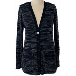 CALVIN KLEIN striated black V neck cardi w/ epaulettes, ribbon trim & pockets. S